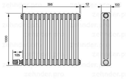 Схема (чертеж) Радиатор Zehnder Charleston 3100/13 №V004 Белый глянцевый RAL 9016